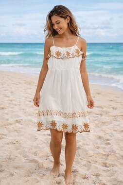 J Gee Boho Petite XL Peasant White Dress Embroidered Fringe Hem Plus Size Beachy